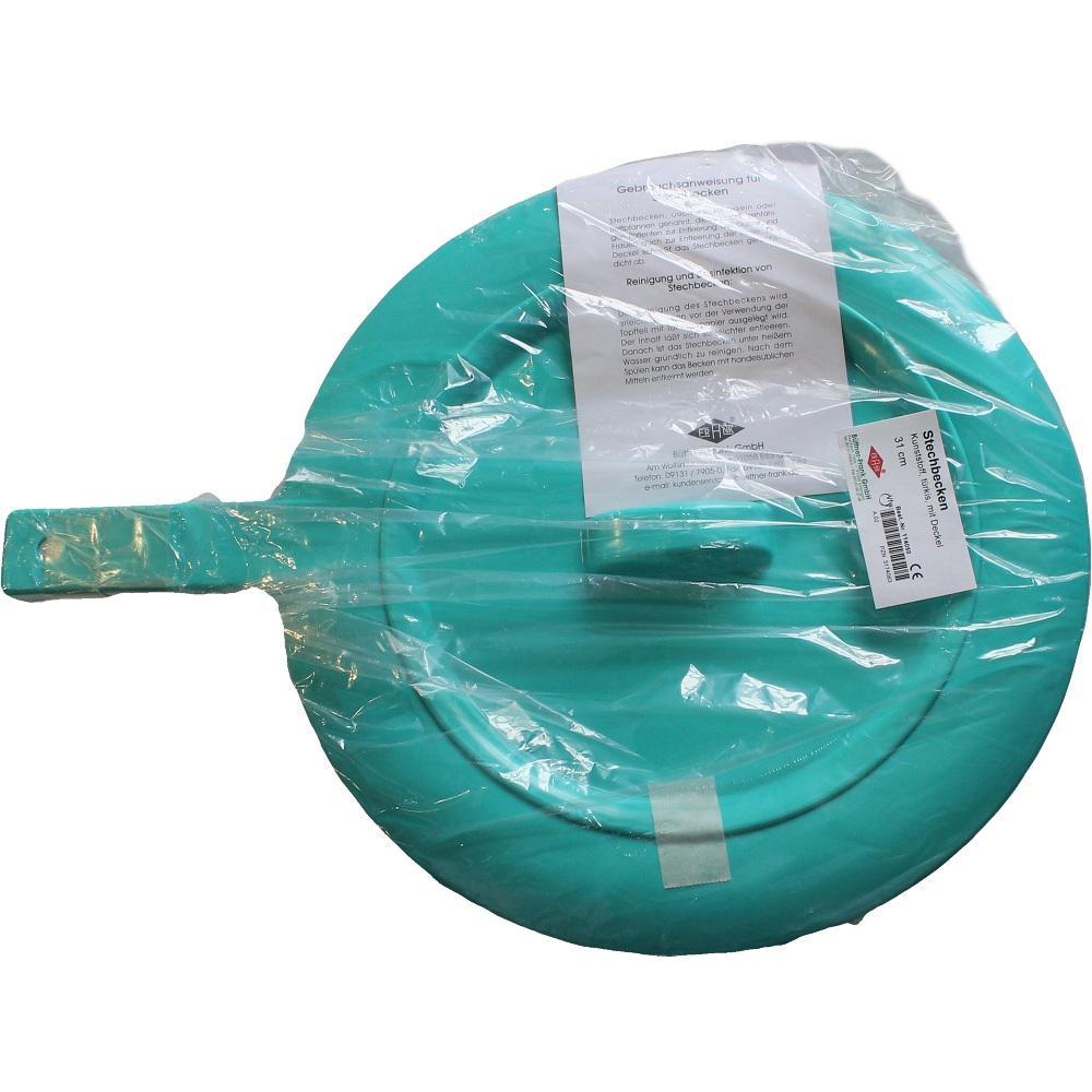 Ein t&uuml;rkisfarbener Schleifdeckel ist in durchsichtiger Plastikfolie verpackt.