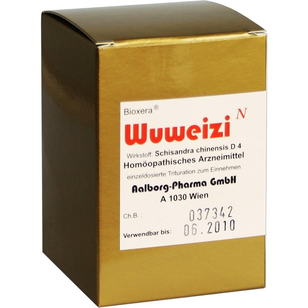 Goldene Verpackung eines homöopathischen Mittels namens Wuweizi.