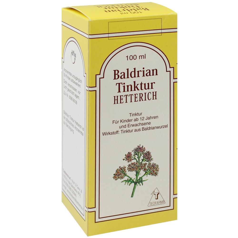 Gelbe Verpackung mit der Aufschrift "Baldrian Tinktur Hetterich" und einem Pflanzenbild.