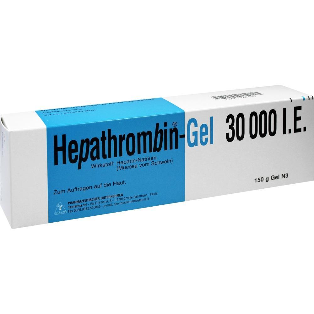 Wei&szlig;e Schachtel mit der Aufschrift "Hepathrombin-Gel 30 000 I.E.".