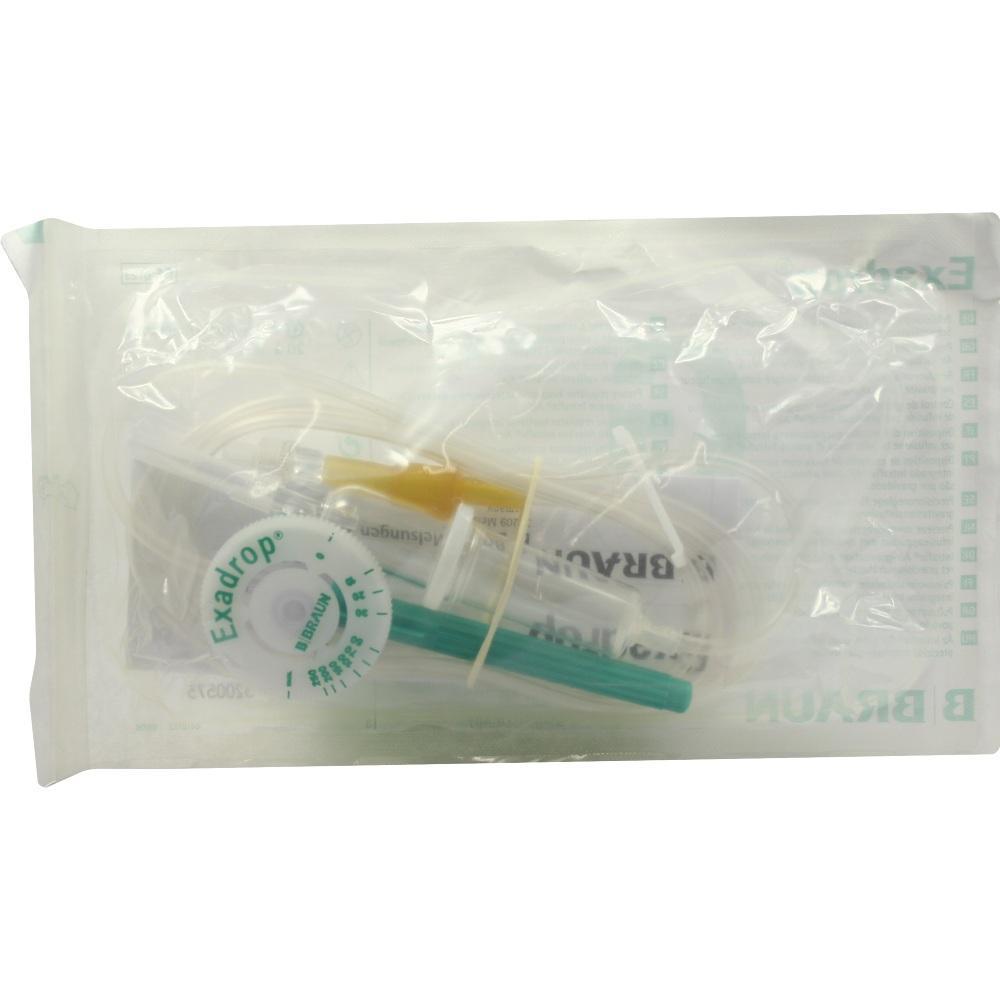 Eine verschlossene medizinische Infusionsverpackung mit Tube und Zubeh&ouml;r.