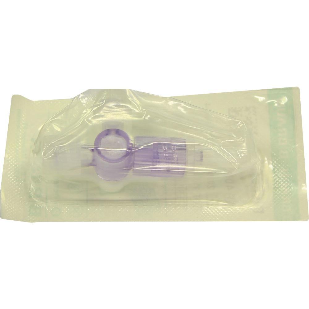 Ein lila medizinisches Ventil in einer durchsichtigen Plastikh&uuml;lle.