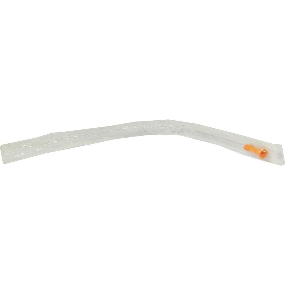 Ein langer, transparenter, verpackter Schlauch mit einem orangefarbenen Ende.