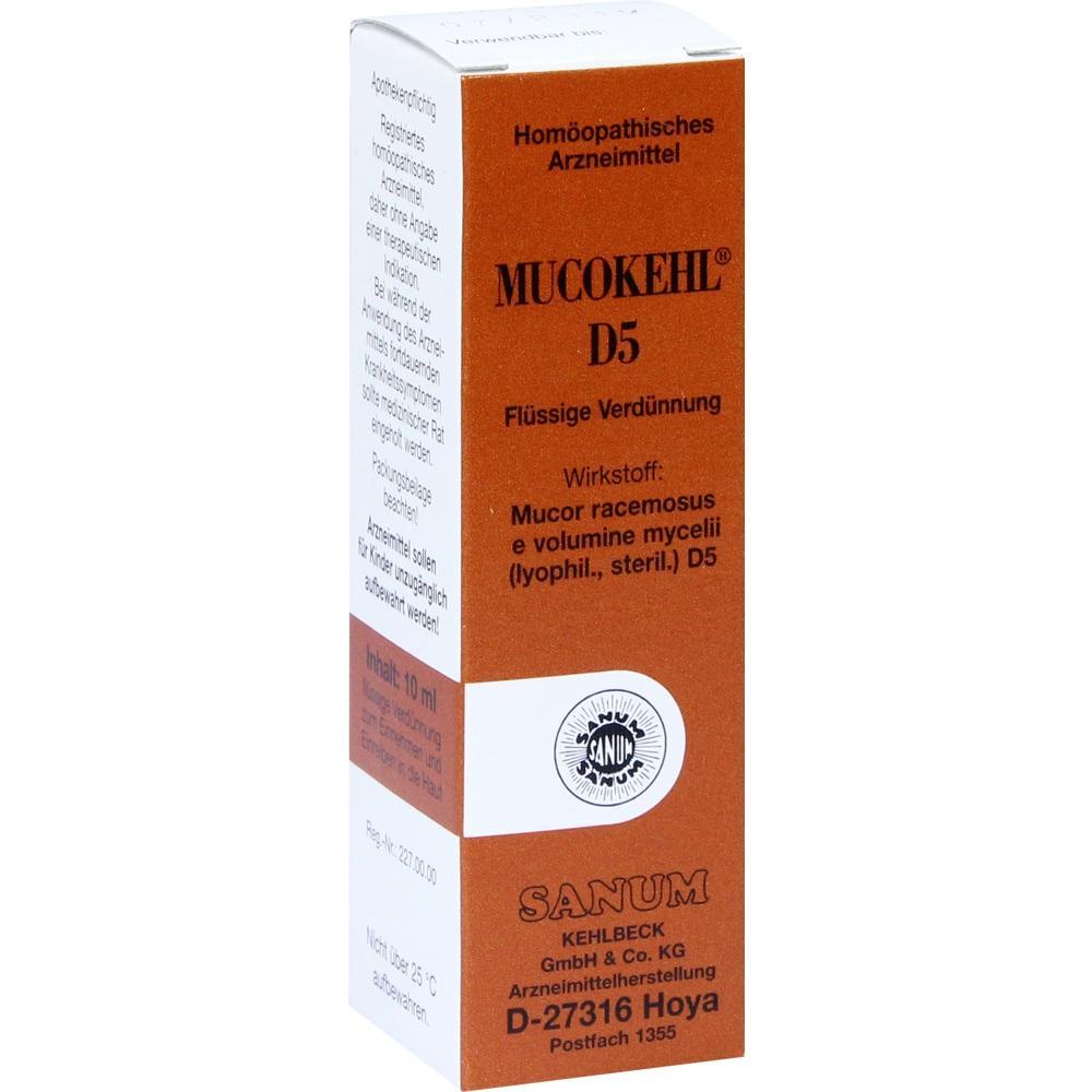 Braune Medikamentenpackung mit der Aufschrift "MUCOKEHL D5", ein homöopathisches Mittel.