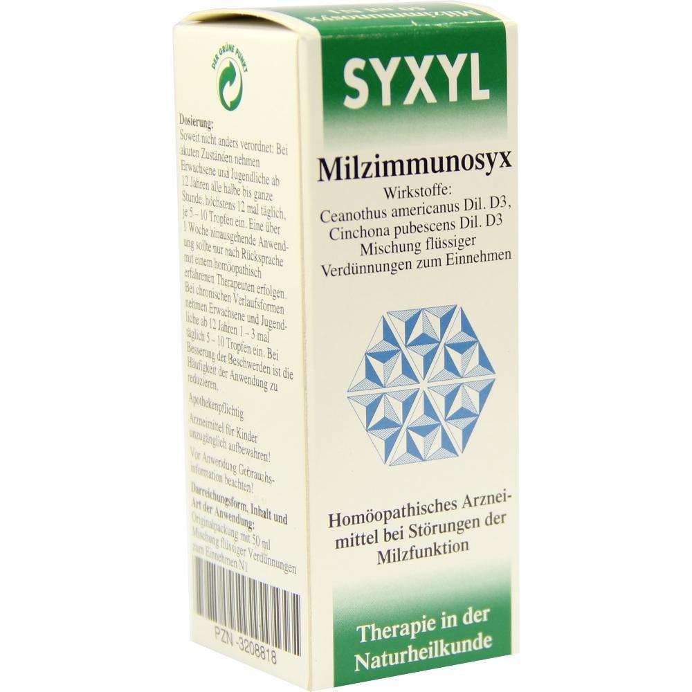 Verpackung eines homöopathischen Mittels mit dem Namen "Milzimmunosyx".