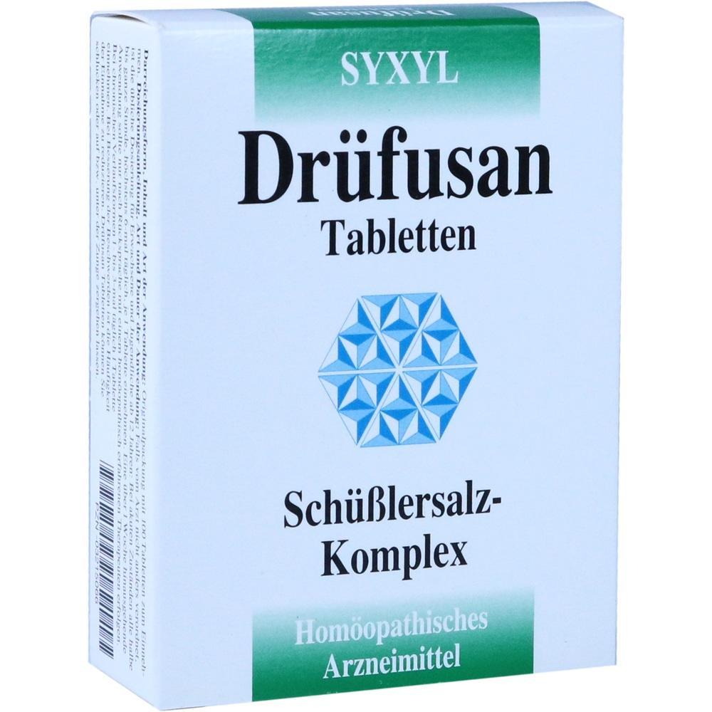 Die Verpackung zeigt Drüfusan Tabletten aus Schüßlersalzen, ein homöopathisches Mittel.