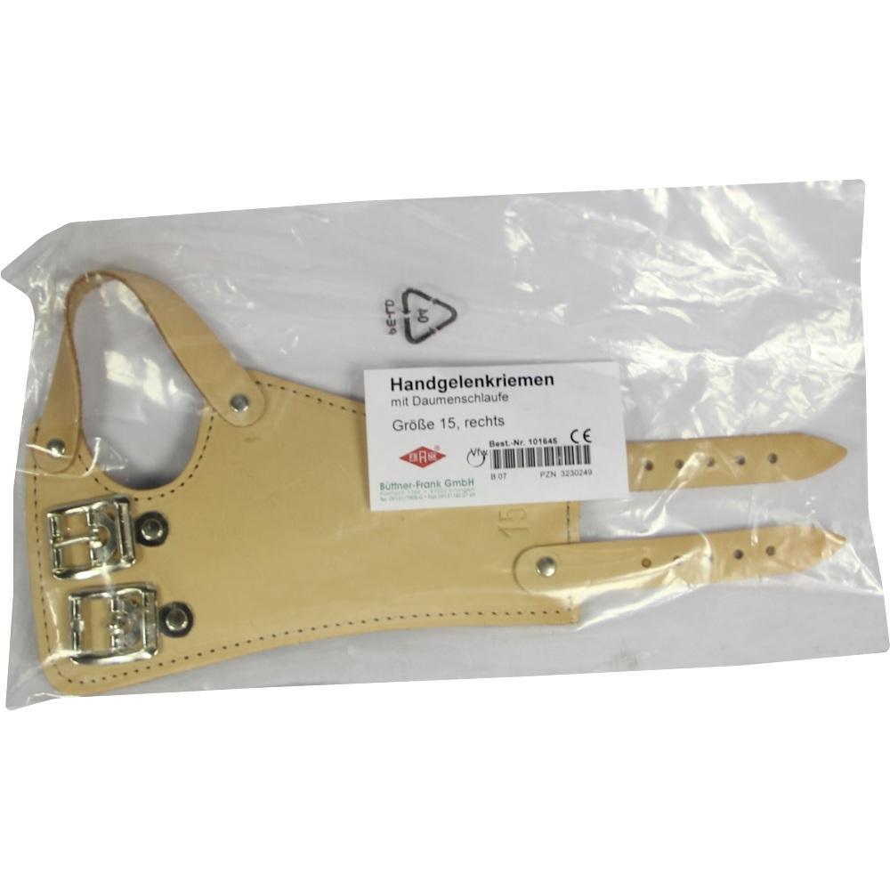 Beiger Handgelenksriemen mit Schnallen in einer durchsichtigen Verpackung.