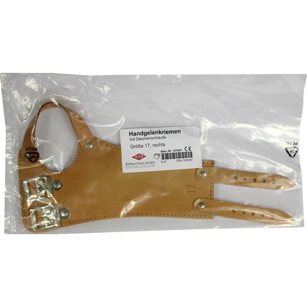 Ein brauner Handgelenkriemen mit Daumenschlaufe ist in einer durchsichtigen Verpackung.