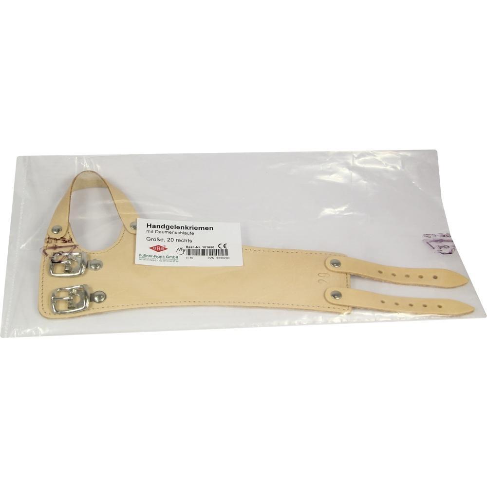 Ein beige Handgelenkriemen mit Schnallen liegt in einer durchsichtigen Plastikt&uuml;te.