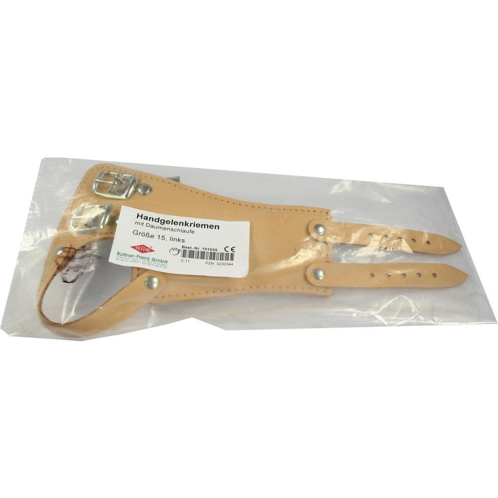 Eine beigefarbene Handgelenkbandage in einer transparenten Verpackung.