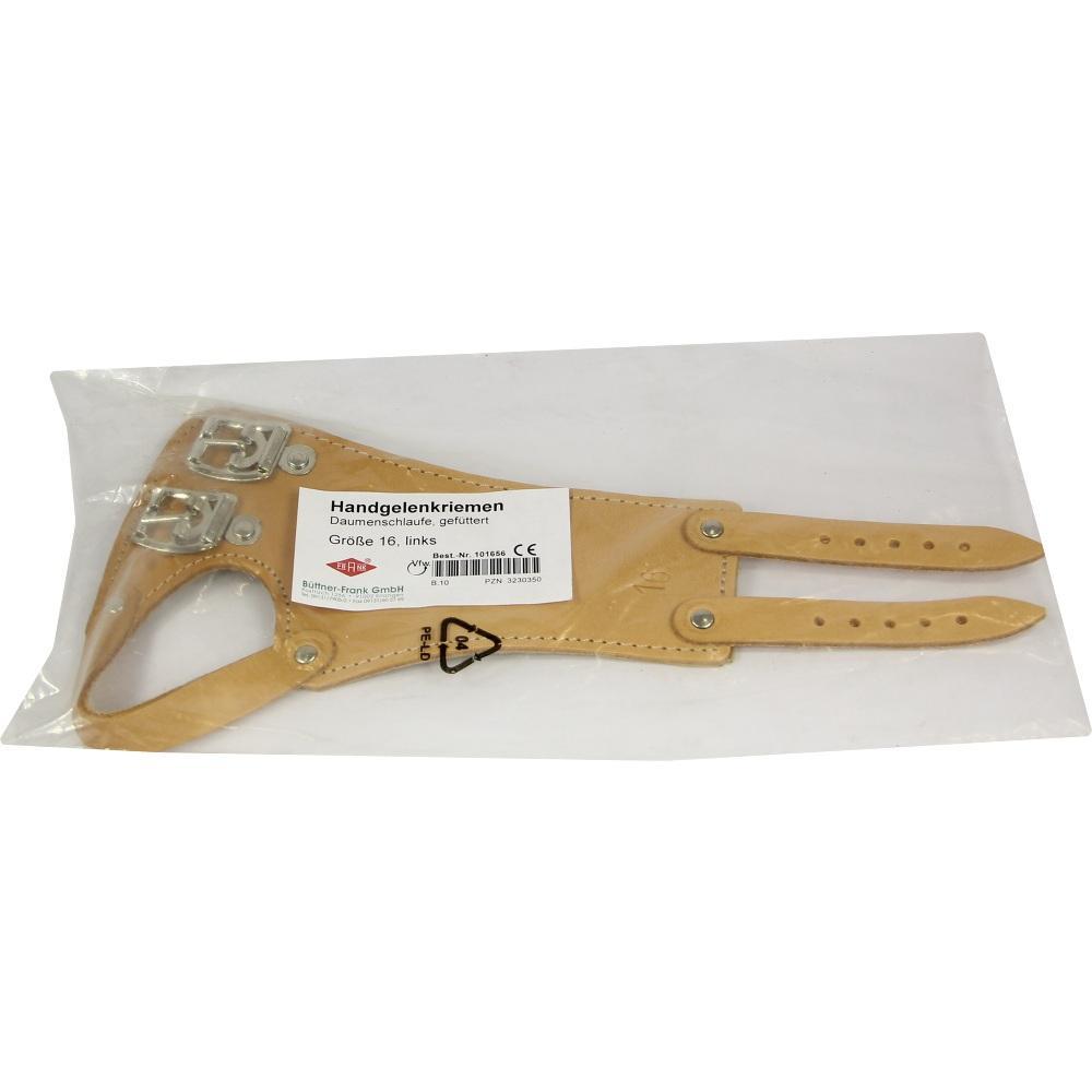 Ein Handgelenkriemen aus Leder ist in einer transparenten Verpackung.