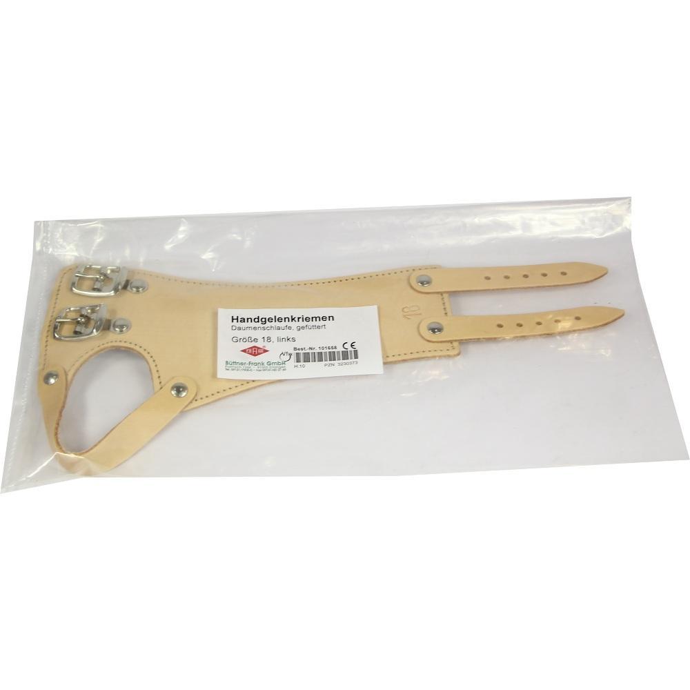 Beiger Handgelenksriemen mit Schnallen in einer durchsichtigen Plastikh&uuml;lle.
