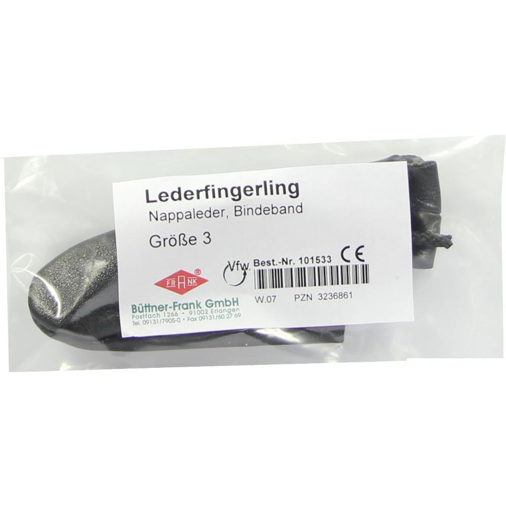 Verpackter Lederfingerling in Größe 3 mit Etikett.