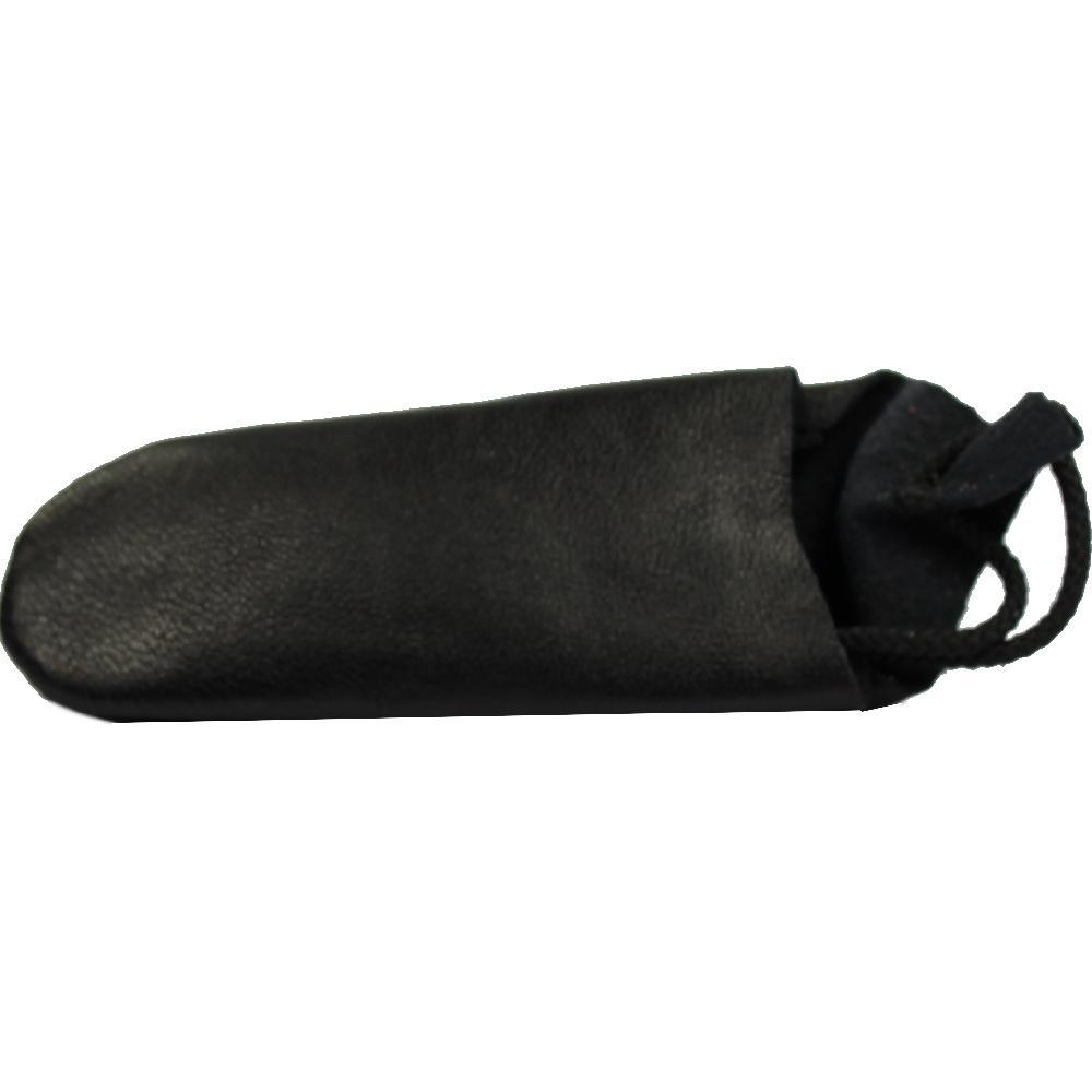 Schwarzes, längliches Ledertäschchen mit Zugband.