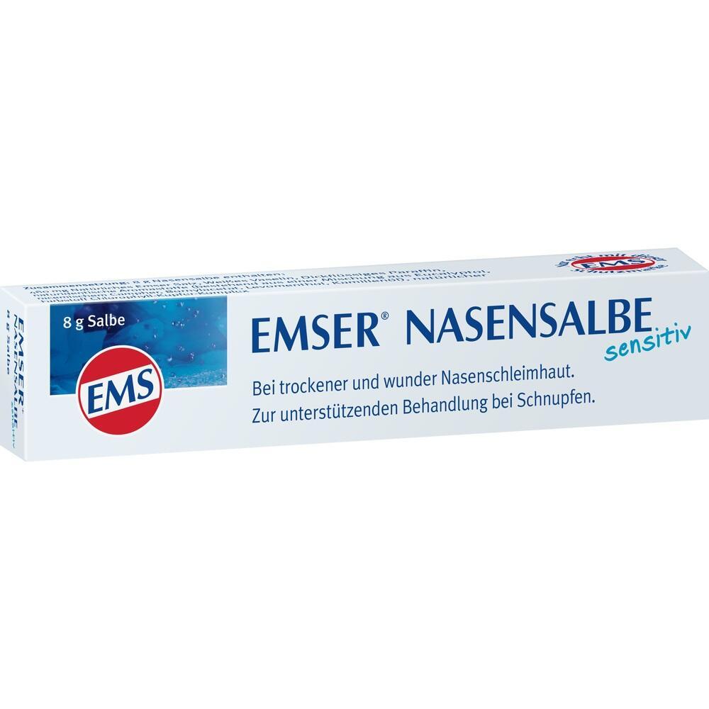 Eine weiße Schachtel mit "Emser Nasensalbe sensitiv" steht auf einem Tisch.