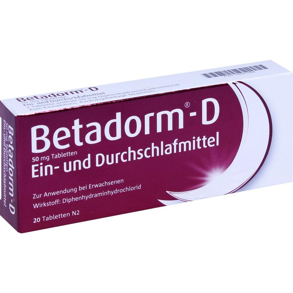 Eine Packung Betadorm-D, ein Schlafmittel zur Einnahme bei Schlafproblemen.