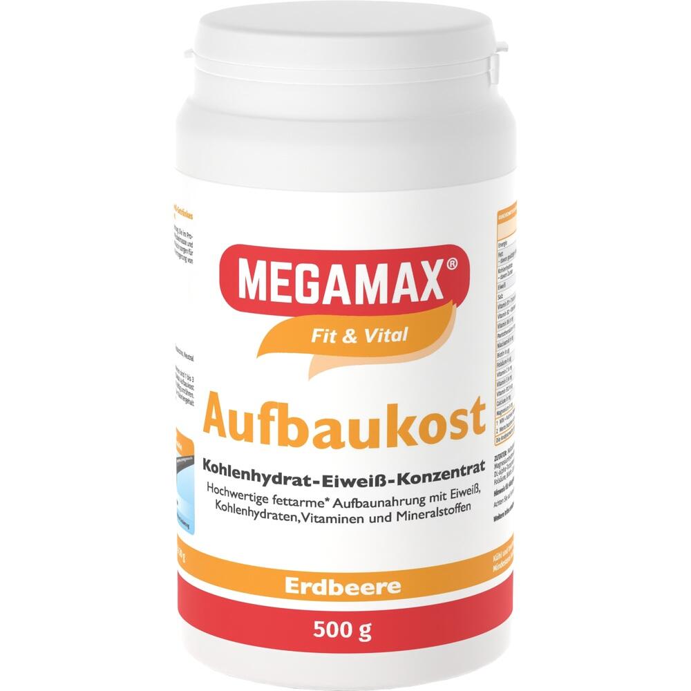 Dose mit der Aufschrift "MEGAMAX Fit & Vital Aufbautkost Erdbeere".