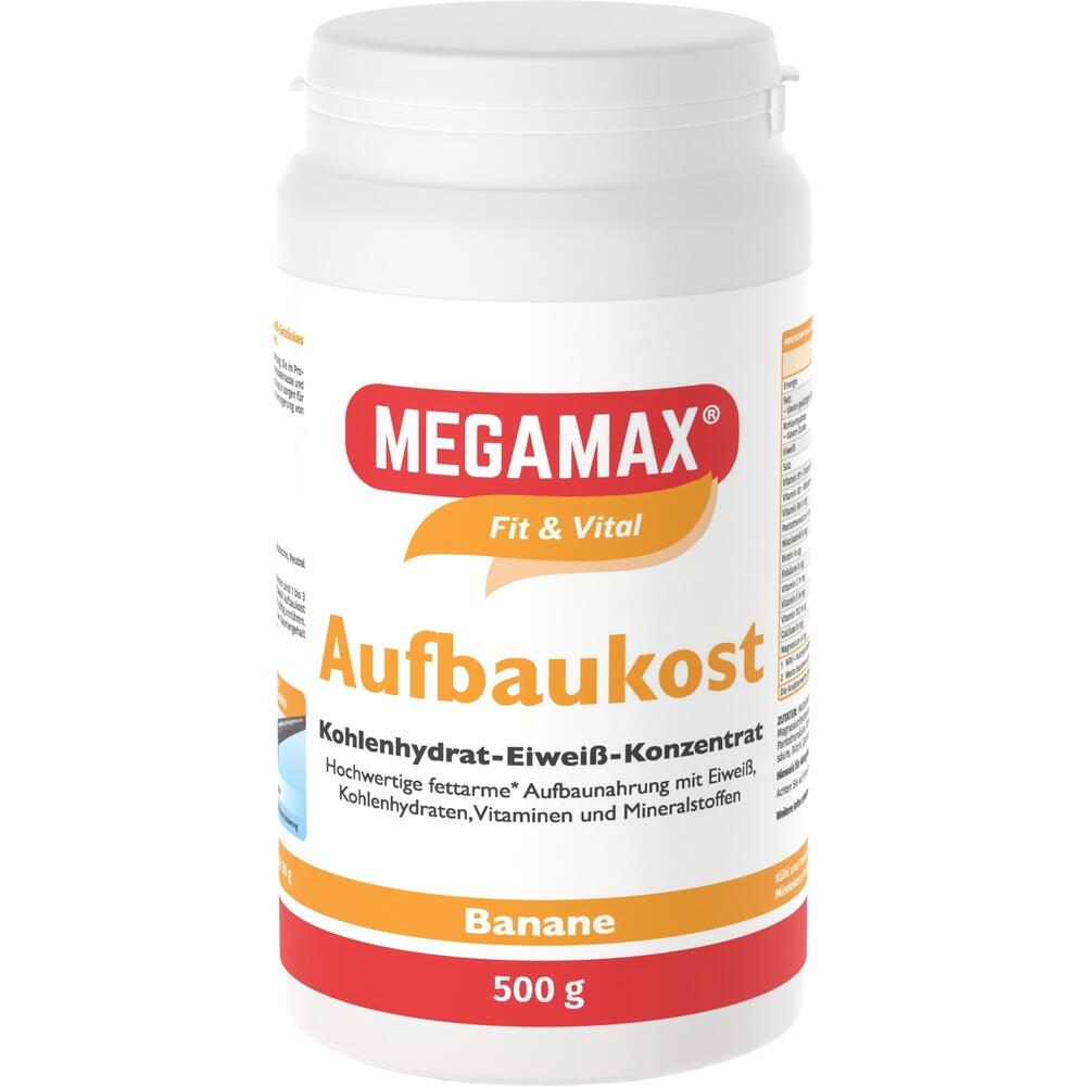 Eine weiße Dose mit der Aufschrift "MEGAMAX Aufbaukost Banane" und 500 g Inhalt.