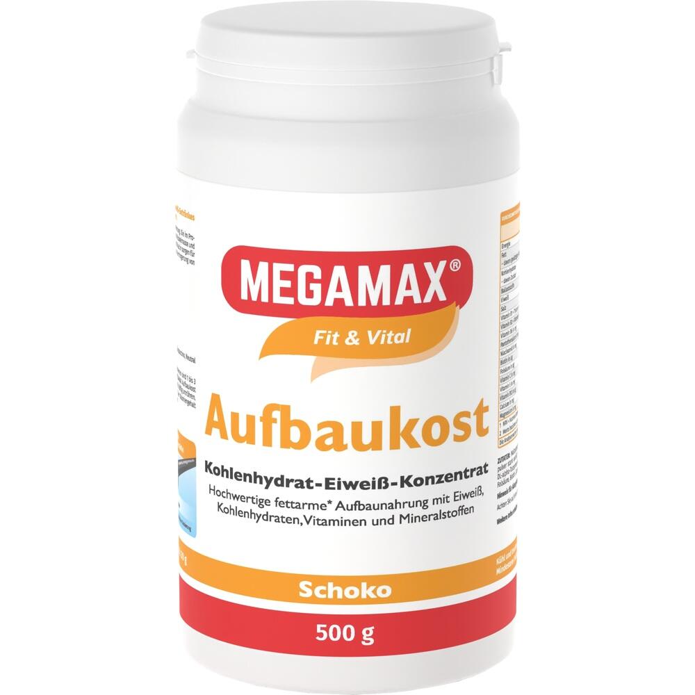 Weiße Dose mit Schokoladen-Aufbaukost-Pulver von Megamax.