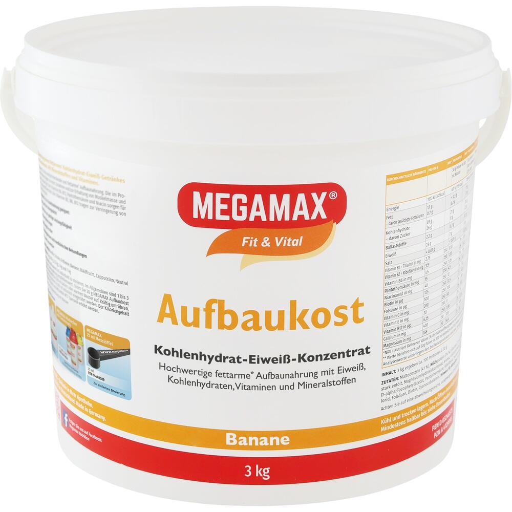 Weißer Eimer mit dem Aufdruck "MEGAMAX Aufbaunahrung Banane".