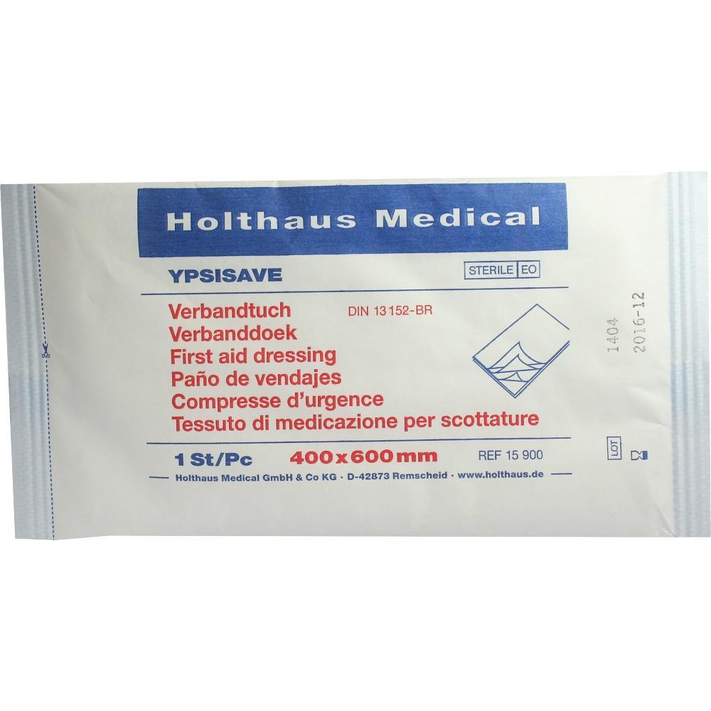 Ein wei&szlig;er Beutel mit einer Kompresse zur Wundversorgung von Holthaus Medical.