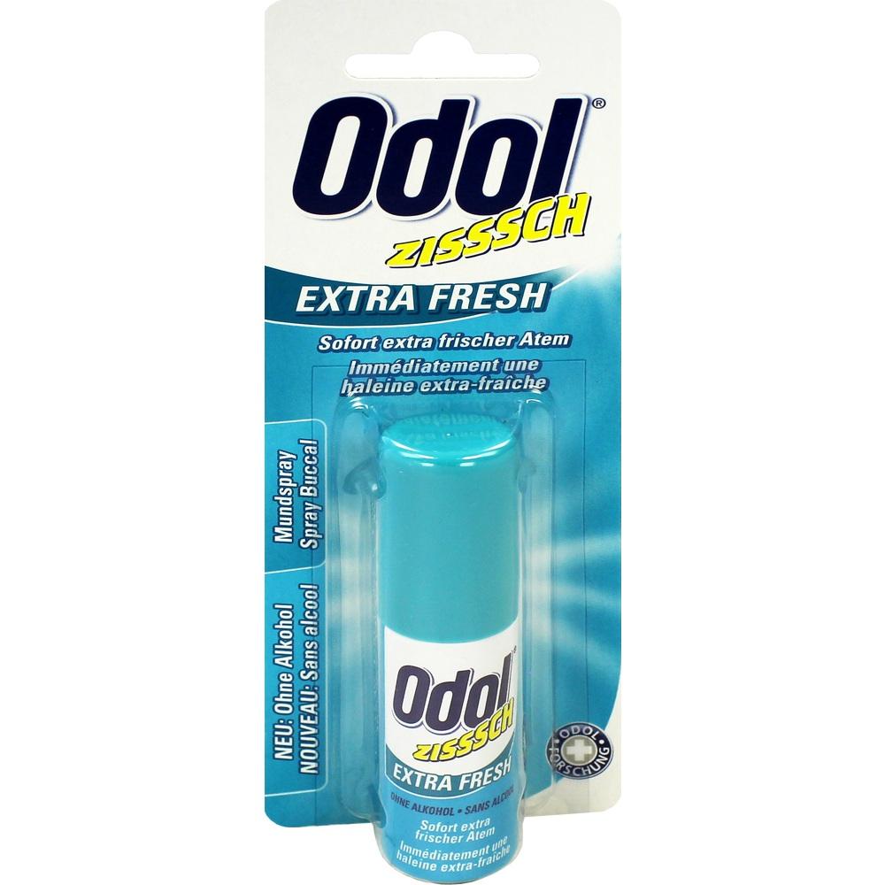 Ein Mundspray mit der Aufschrift "Odol Extra Fresh" in blauer Verpackung.