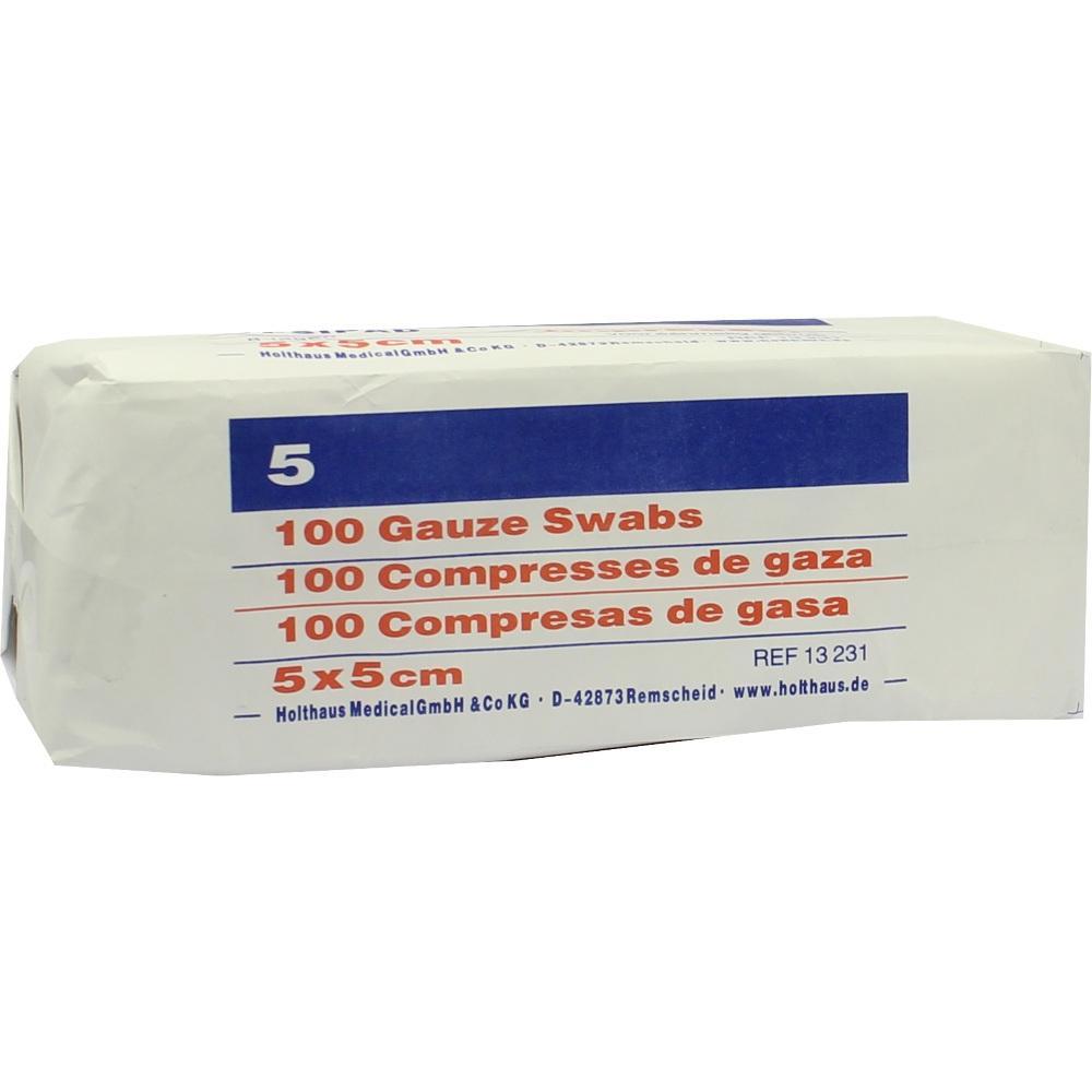 Eine Packung mit 100 Mullkompressen, Gr&ouml;&szlig;e 5x5 cm.