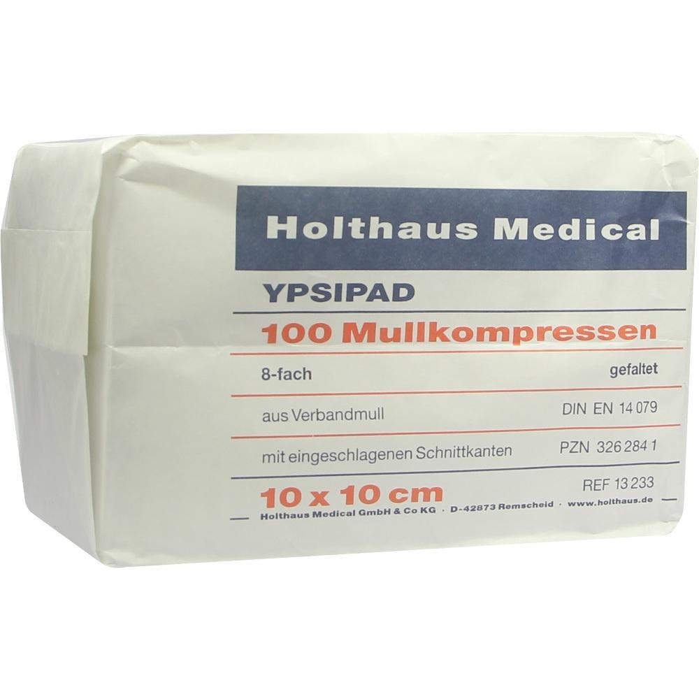 Eine Packung mit 100 Mullkompressen von Holthaus Medical, Gr&ouml;&szlig;e 10 x 10 cm.
