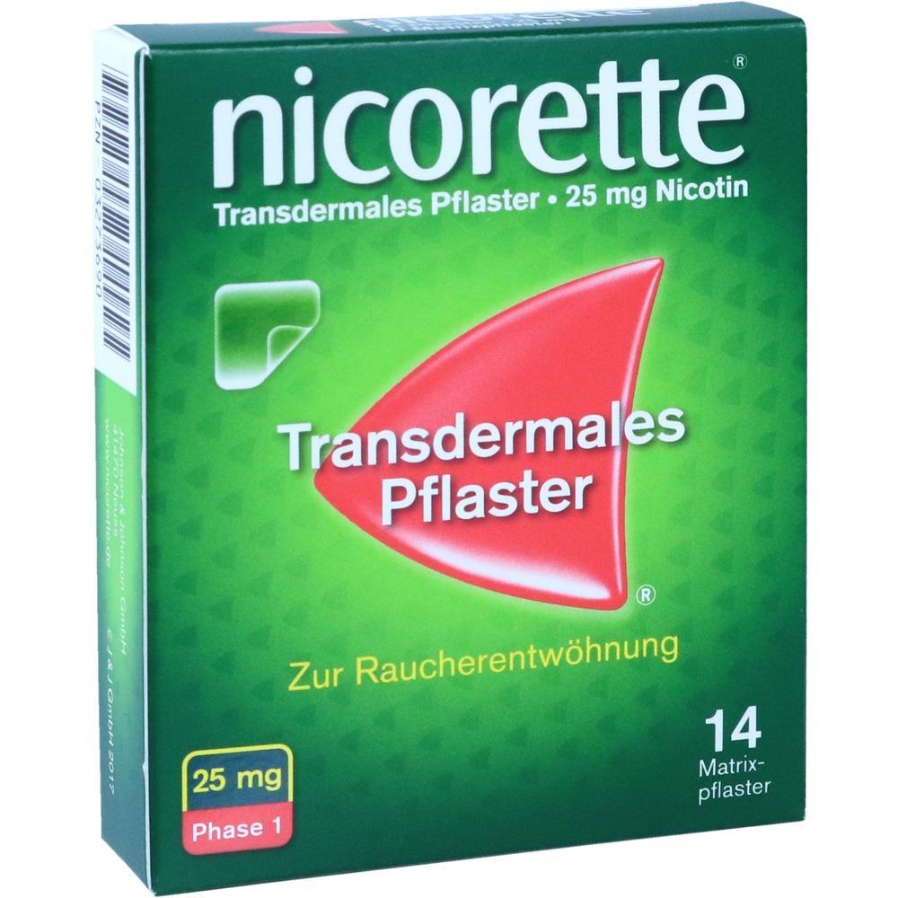 Eine grüne Packung Nicorette Anti-Raucher Pflaster mit 25 mg Nikotin.