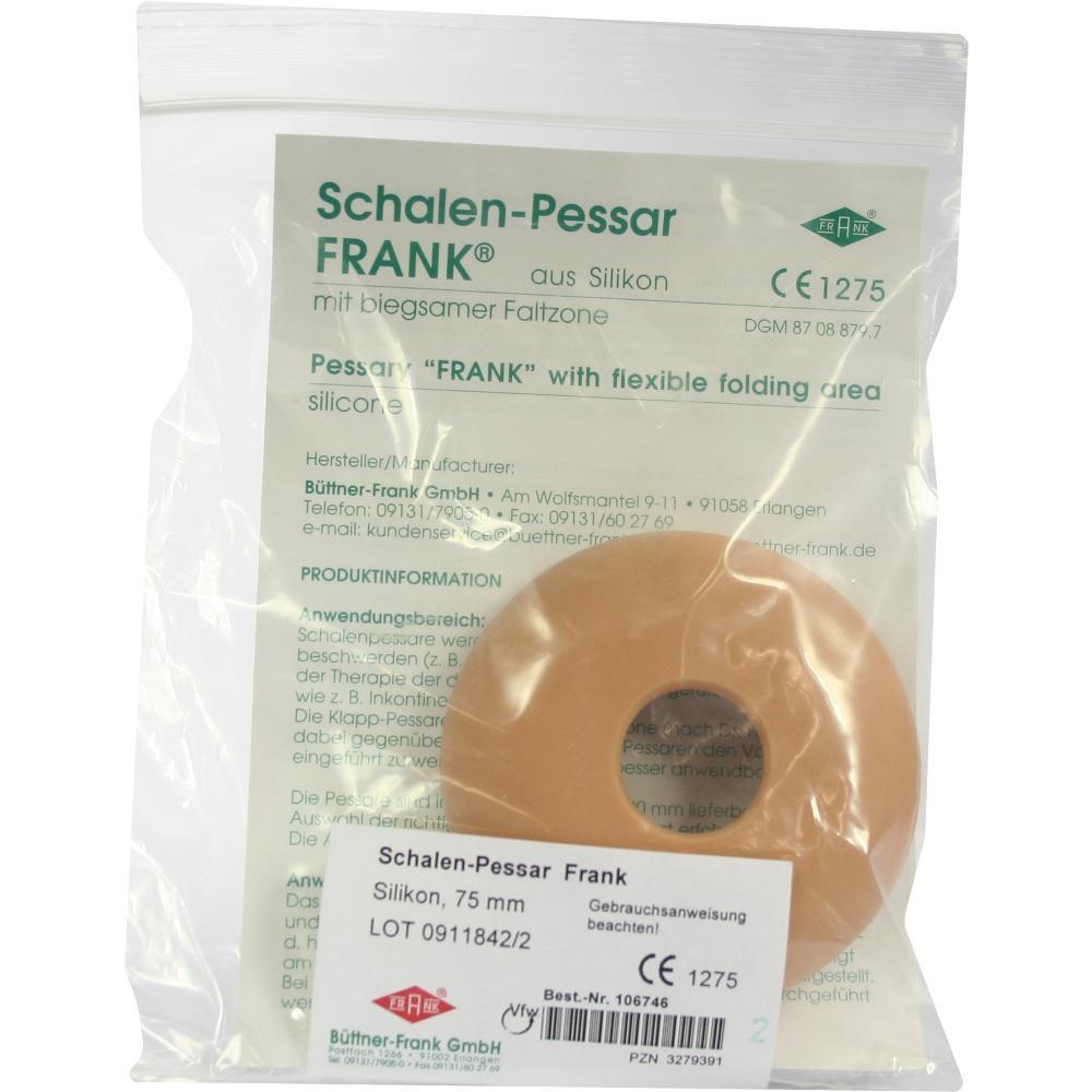Verpacktes medizinisches Produkt mit der Aufschrift "Schalen-Pessar FRANK", orangefarbener Ring sichtbar.