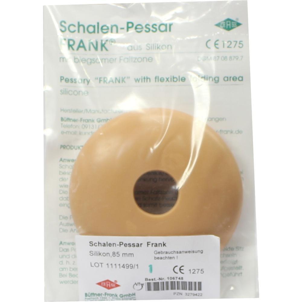 Eine Verpackung mit einem runden, beige-farbenen Pessar aus Silikon.