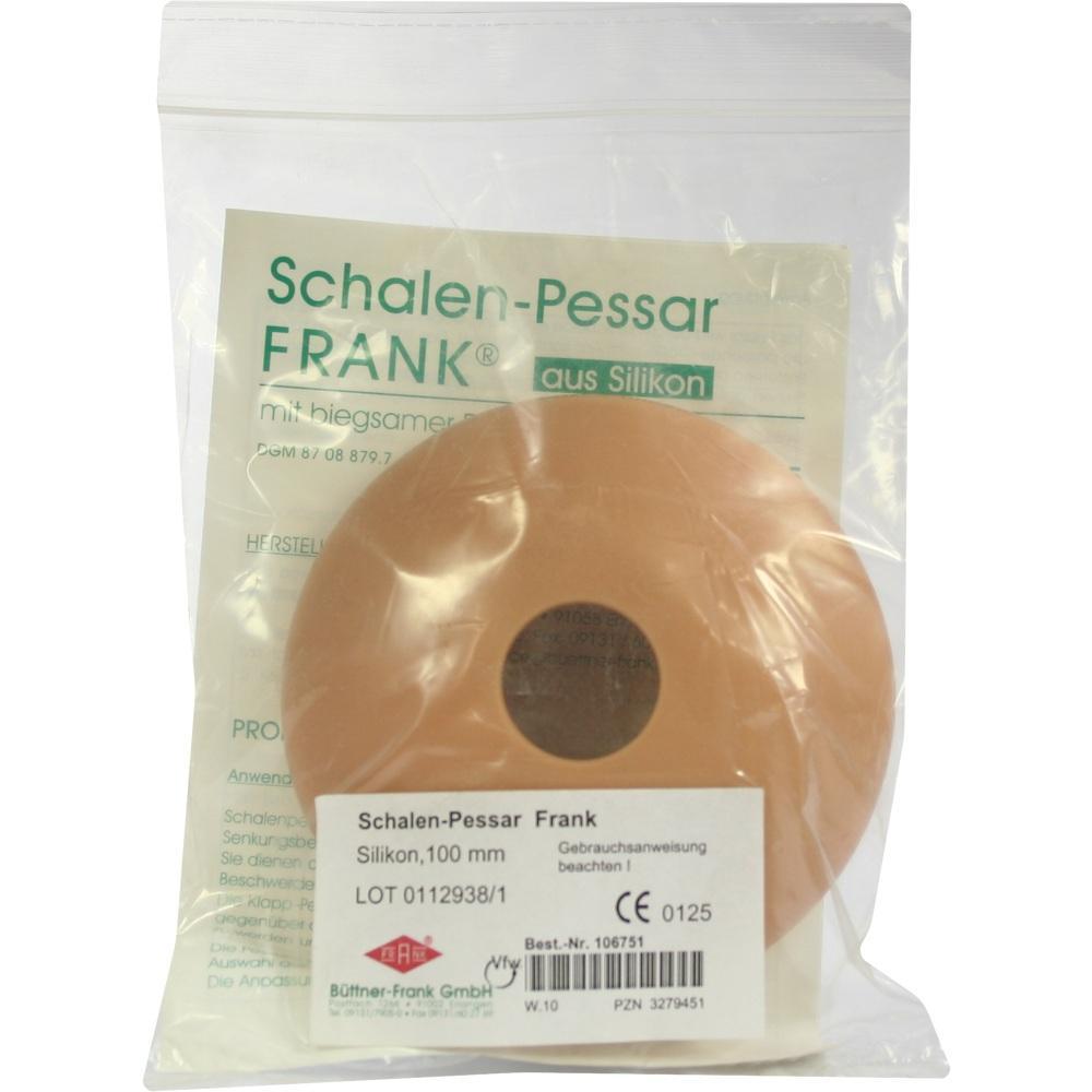 Eine Verpackung mit einem runden, braunen Schalen-Pessar aus Silikon.