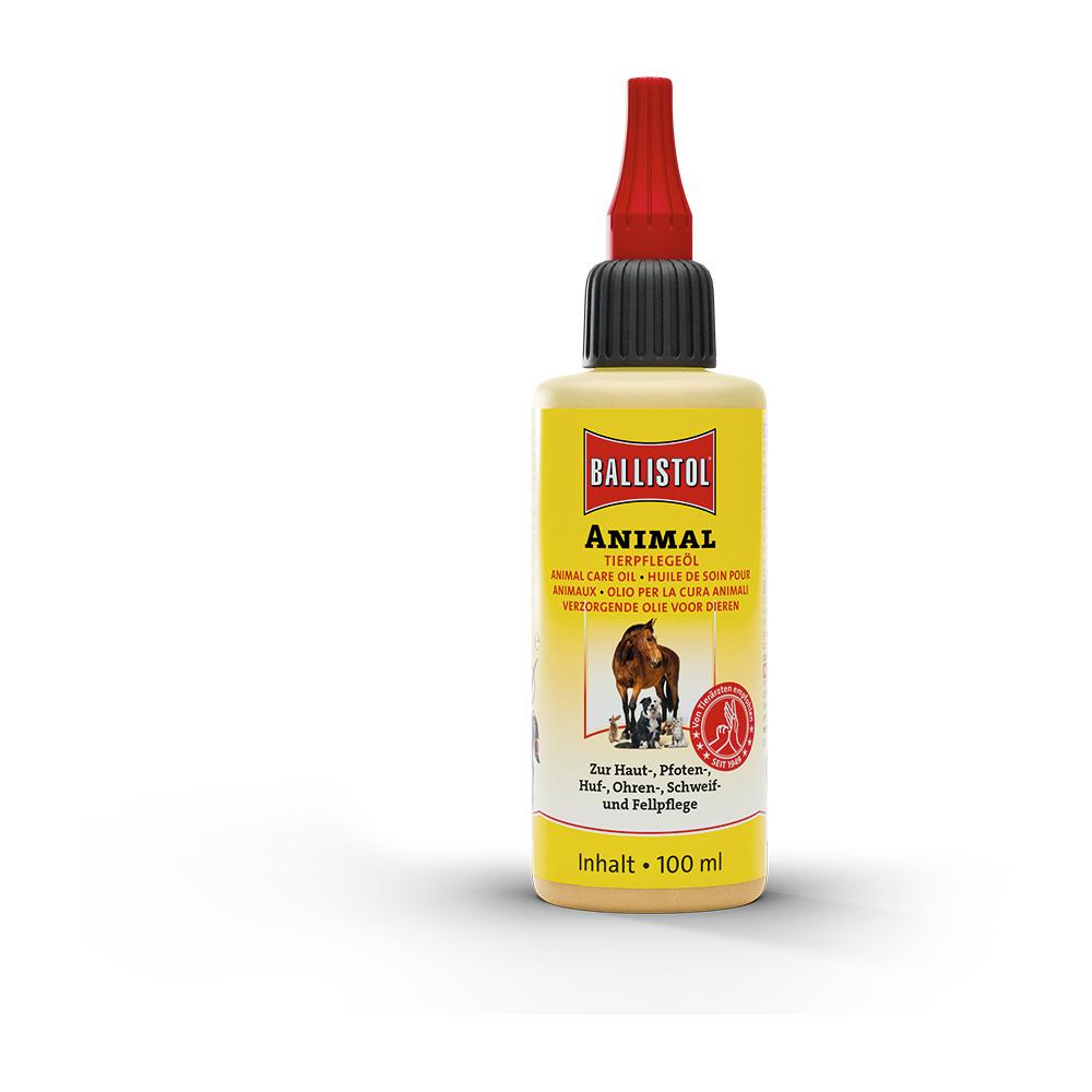 Gelbe Flasche mit Tierpflege&ouml;l, 100 ml Inhalt, geeignet f&uuml;r die Pflege von Haut und Fell.