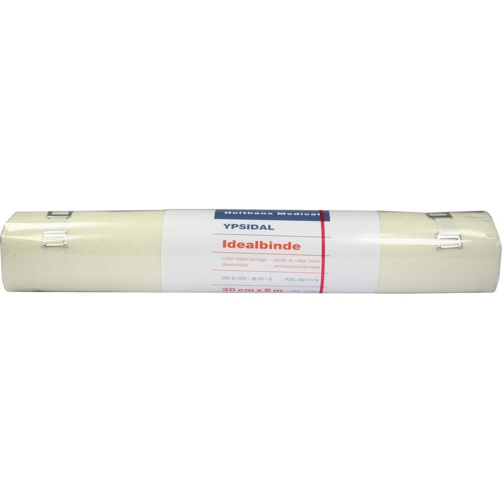 Eine aufgerollte, cremefarbene Baumwollbinde in Plastikverpackung mit Etikett.