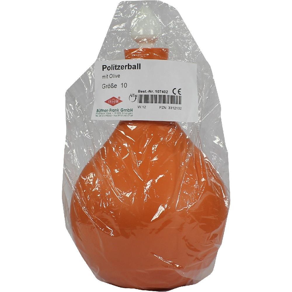 Ein orangefarbener Politzerball in Plastikverpackung.