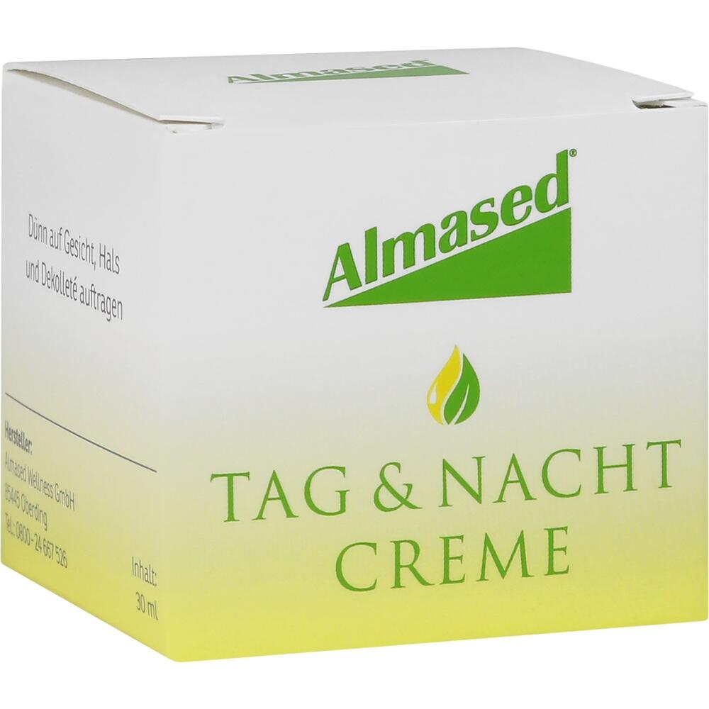 Wei&szlig;e Verpackung mit gr&uuml;nem Logo, darauf steht "Almased Tag & Nacht Creme".