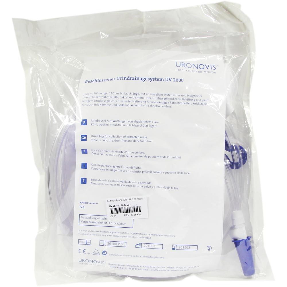 Geschlossener Urinbeutel in durchsichtiger Verpackung mit Infos auf dem Etikett.