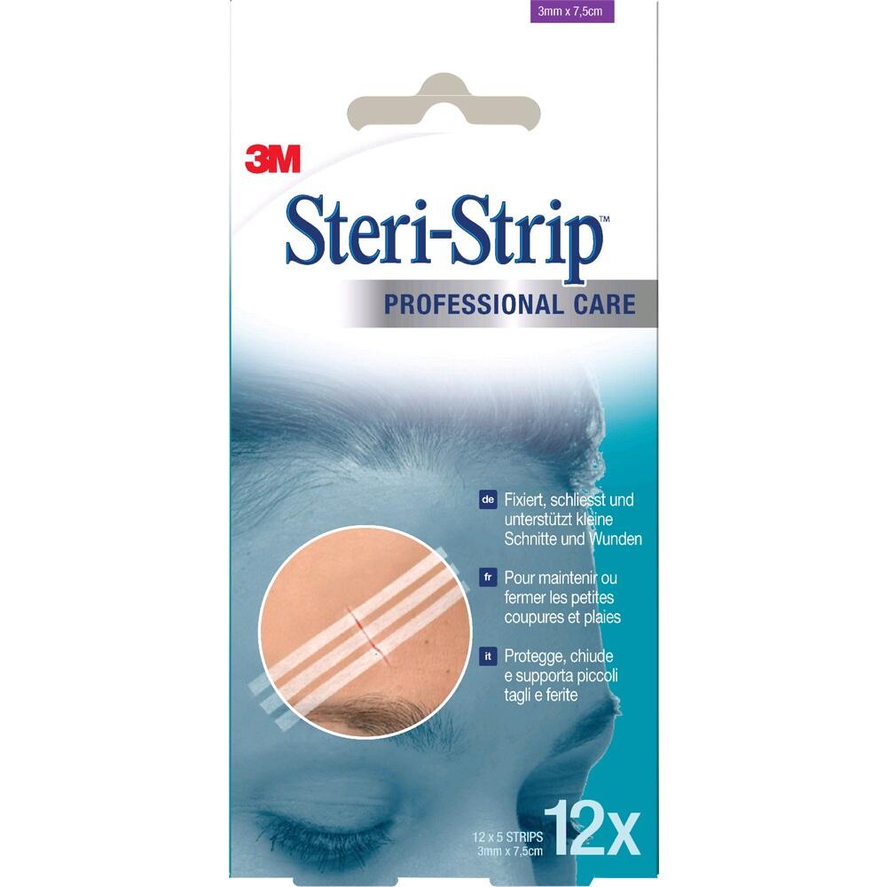 Verpackung von Steri-Strip mit einem Bild, das die Anwendung auf der Haut zeigt.