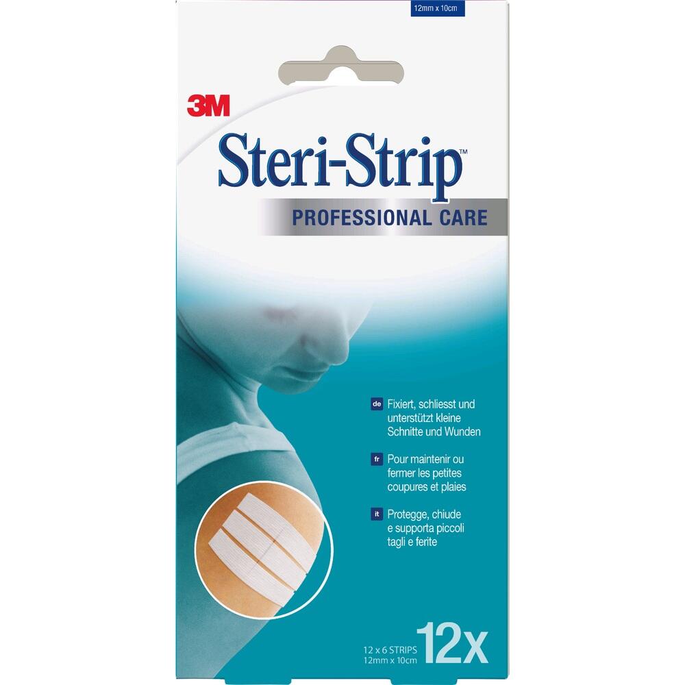 Verpackung von Steri-Strip, einem Produkt zur Wundversorgung, mit Bild eines Arms.