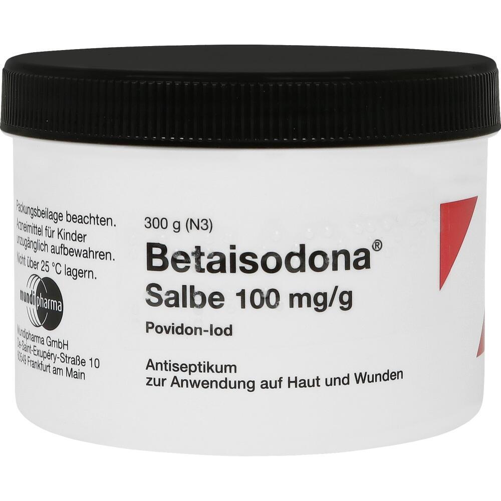 Weiße Dose Betaisodona-Salbe mit schwarzem Deckel für Haut und Wunden.