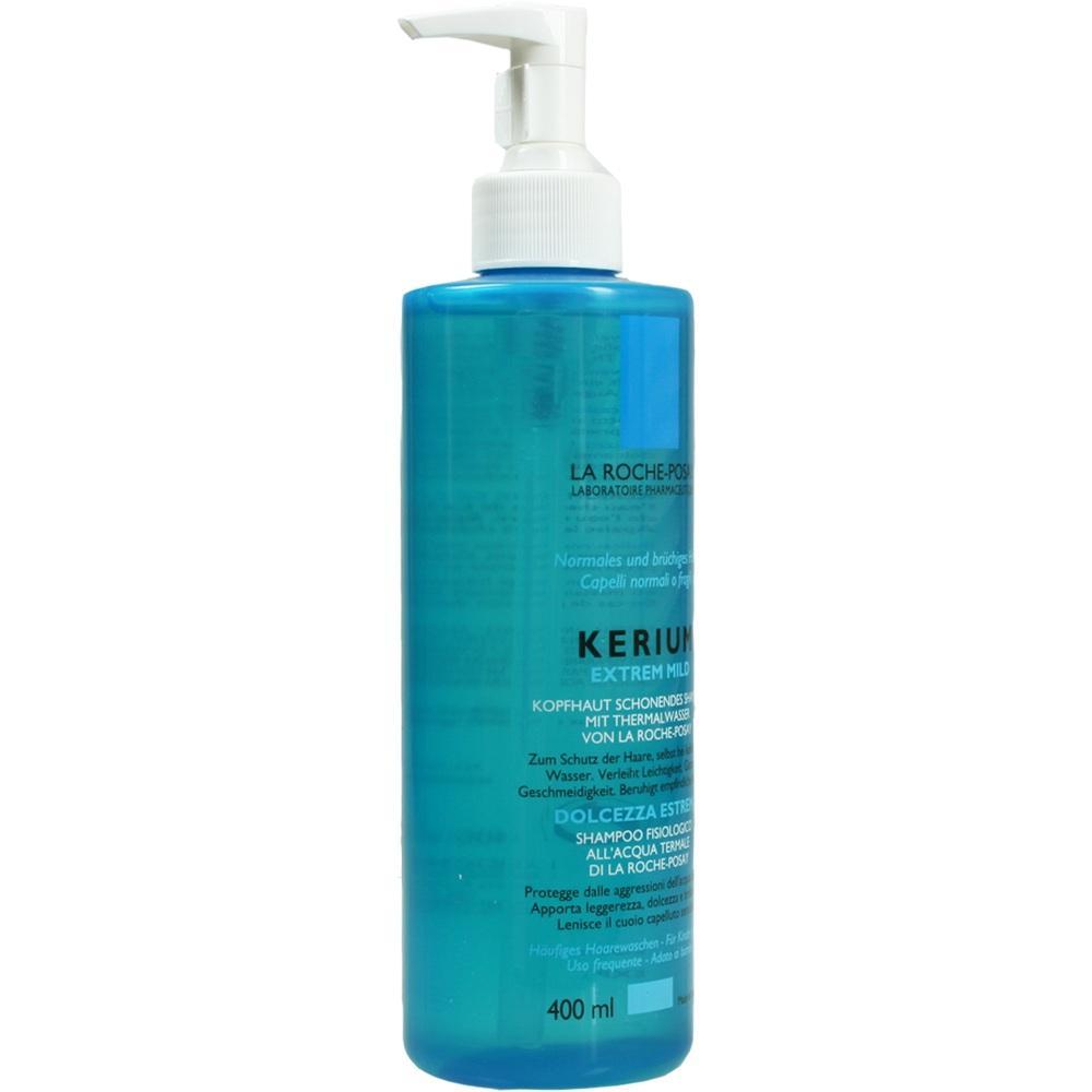 Blaue Shampoo-Flasche mit weißem Pumpverschluss.