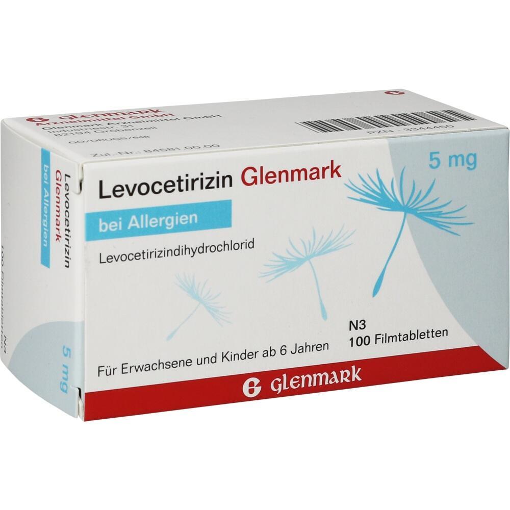 Verpackung von Levocetirizin Glenmark, einem Allergiemedikament f&uuml;r Erwachsene und Kinder ab 6 Jahren.