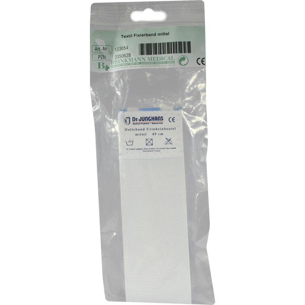 Verpacktes Textilband zur Befestigung eines Urinbeutels, 49 cm lang.