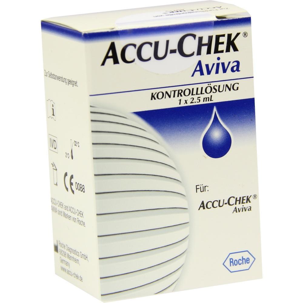 Eine Schachtel für Accu-Chek Aviva Kontrolllösung mit blauem Tropfen-Logo.