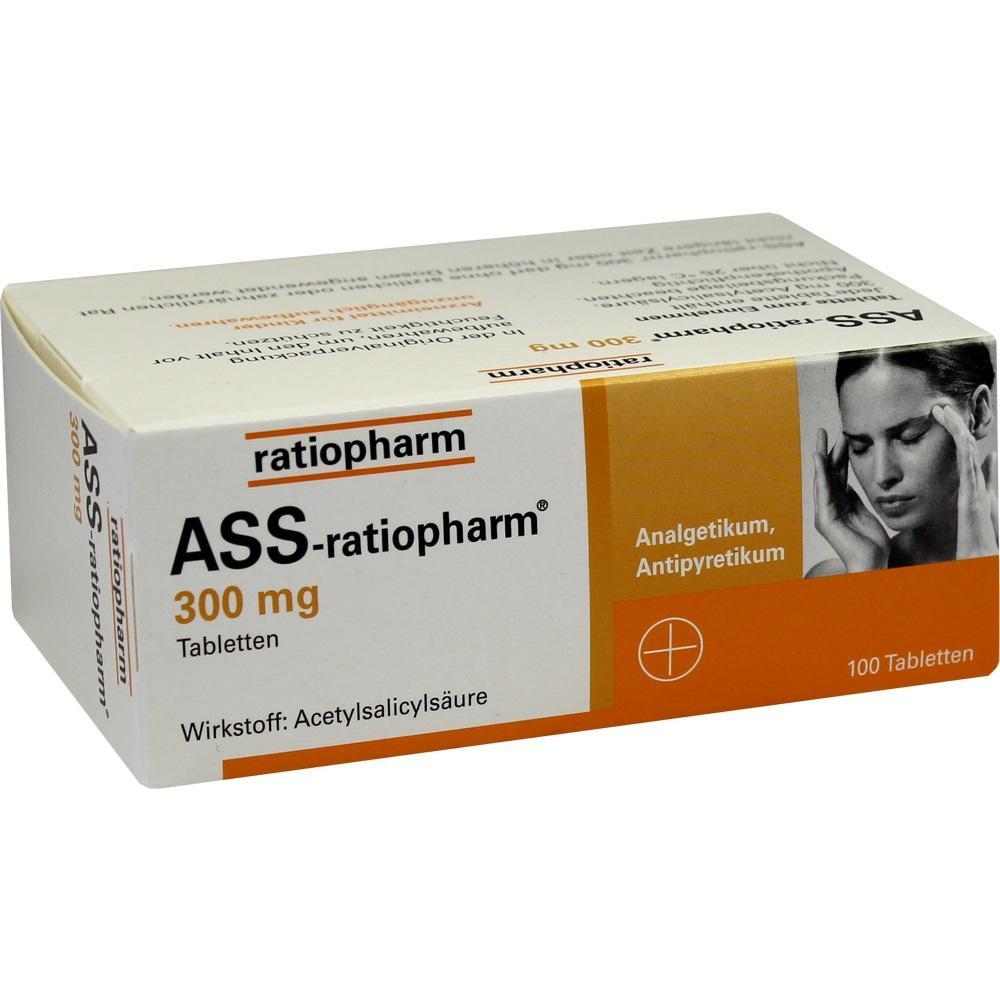 Schachtel mit ASS-ratiopharm Schmerztabletten, 300 mg, 100 Stück.