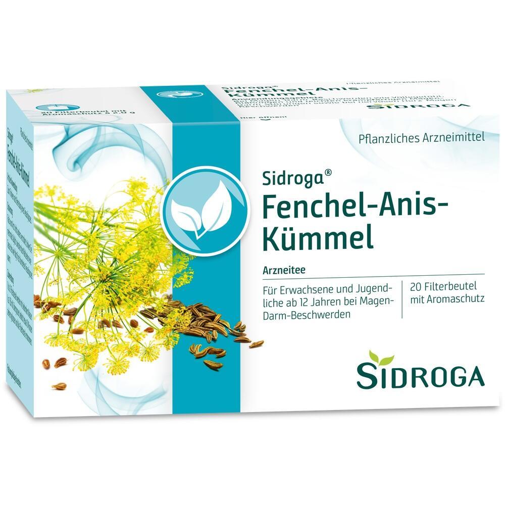 Packung Sidroga Fenchel-Anis-Kümmel Tee für Magen-Darm-Beschwerden.