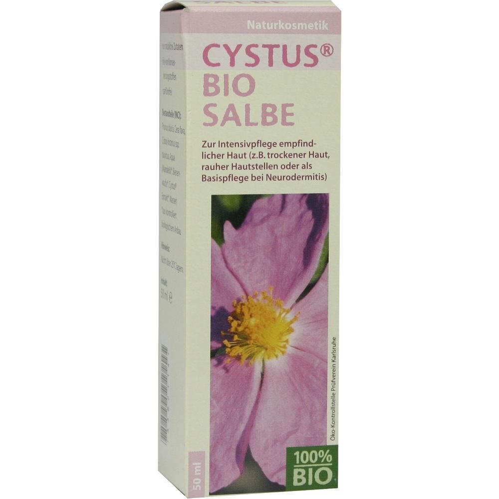 Eine Packung Cystus Bio Salbe mit Bild einer Blume auf der Vorderseite.