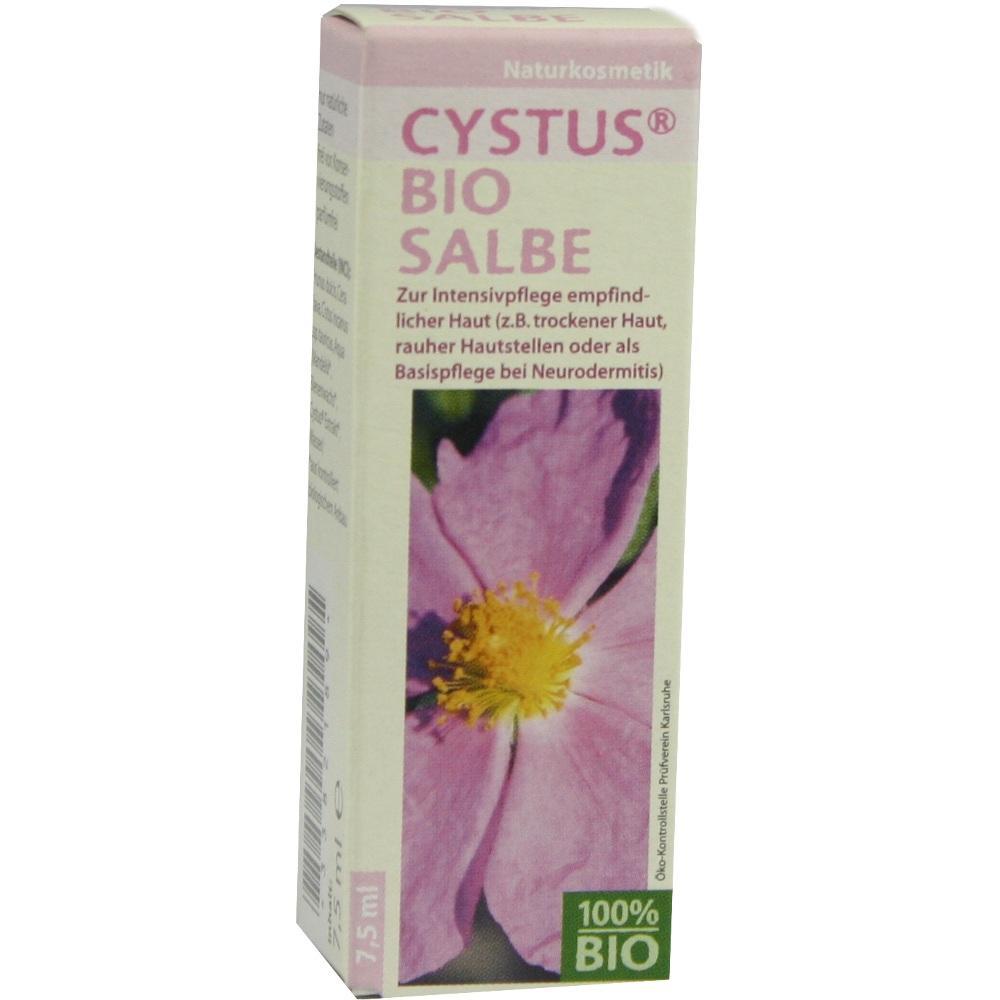 Eine Schachtel Cystus Bio Salbe mit einer rosa Blume darauf.