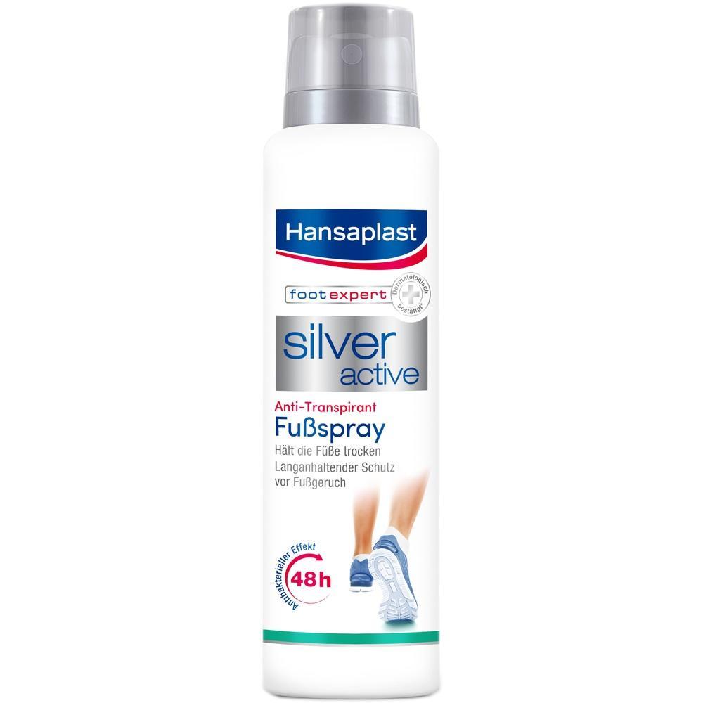 Weiße Sprühdose von Hansaplast mit der Aufschrift "Silver Active Fußspray".