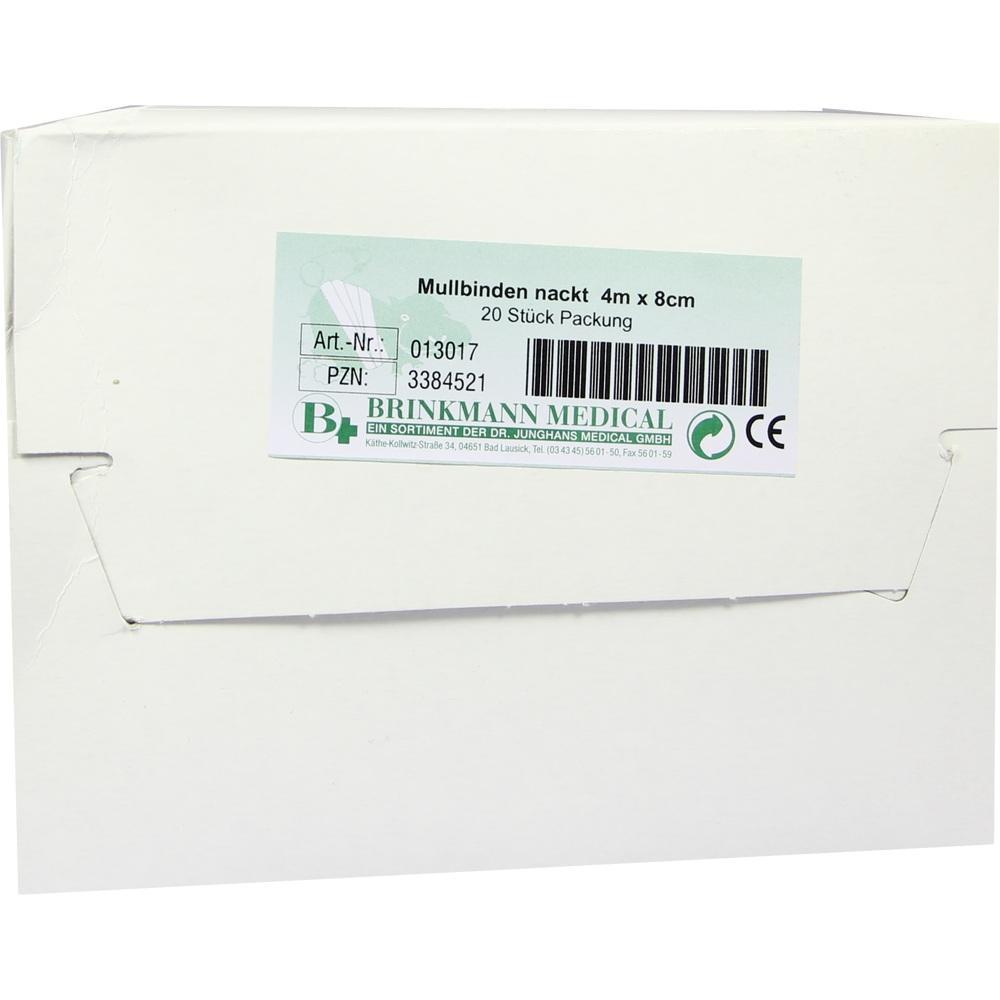 Wei&szlig;e Verpackung mit der Aufschrift "Mullbinden nackt, 4m x 8cm, 20 St&uuml;ck".
